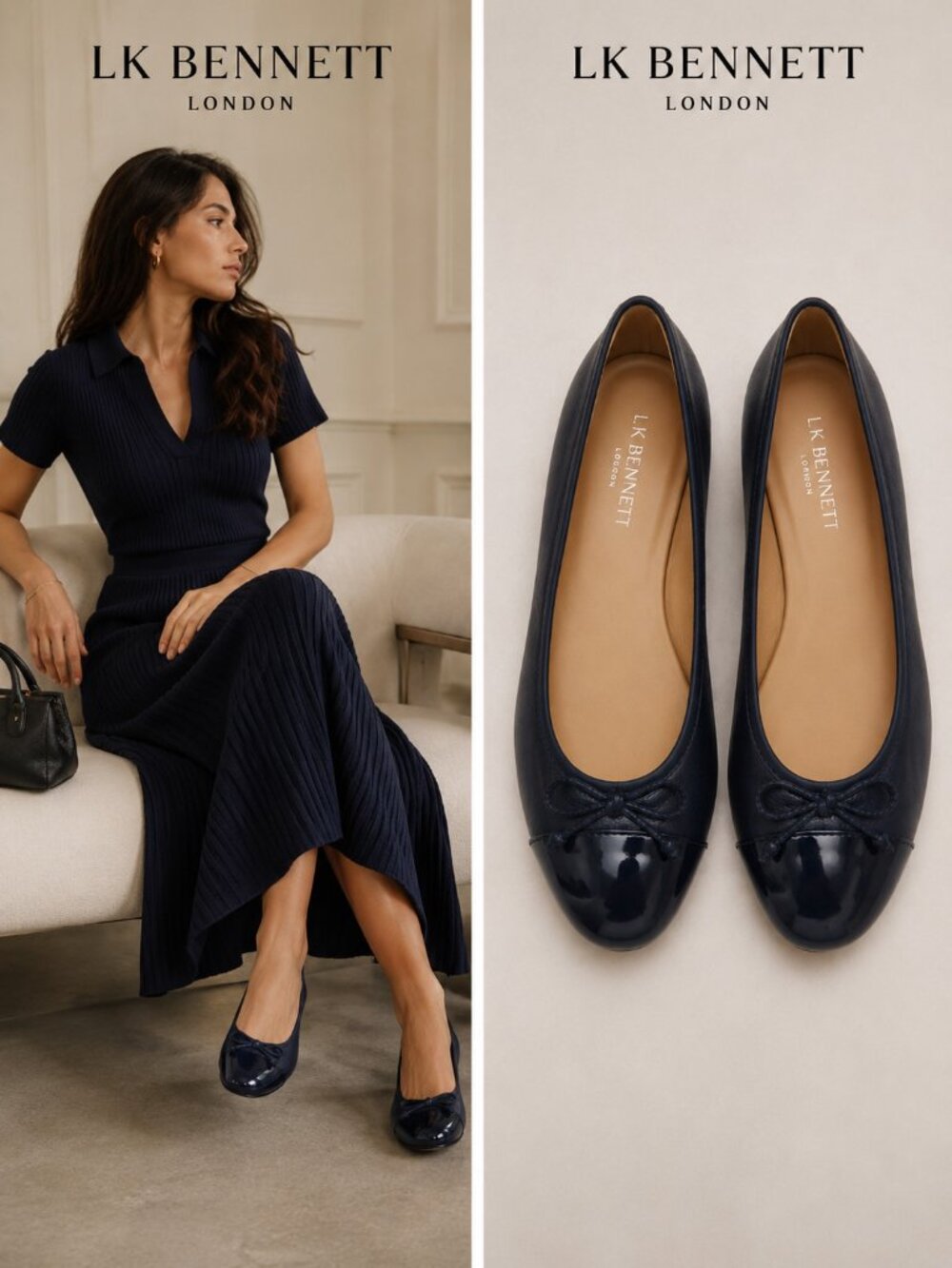 LK Bennett London Navy Leather Patent Cap Toe Ballet Flats Bow EU 38/ 7.5 US